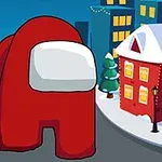 Ett rött tecknat spelkaraktär står mellan snötäckta hus med juldekorationer på en vintergata