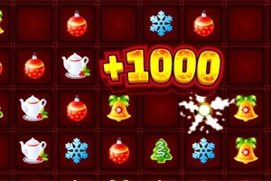 Julmotiv med tefat, julgranskulor, snöflingor, bjällror och ett poäng på +1000 mot en röd bakgrund