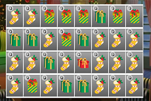 Ett rutnät fyllt med bilder på julstrumpor och julklappar i olika färger