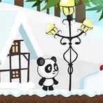 En tecknad panda står bredvid en lyktstolpe i ett snötäckt vinterlandskap med ett hus och en godiskäpp i bakgrunden