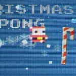 Texten Christmas Pong med en pixlad jultomte, två polkagrisstänger och en snöboll mot en blå bakgrund