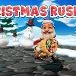 En tecknad jultomte springer nedför en stenstig med säck i armarna, följd av snögubbar, med texten Christmas Rush ovanför