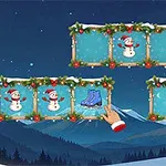 Julmotiv med snögubbar, skridskor och ett pekande finger mot dekorerade ramar mot en bergig snölandskap