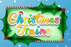 Texten Christmas Trains i färgglada bokstäver med juldekorationer och mistel på en grön bakgrund