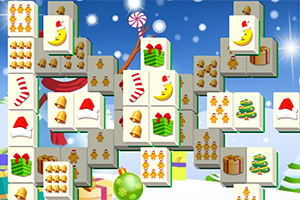 Julinspirerat spel med brickor som har motiv av kakor, tomteluvor, julklappar, strumpor och klockor på en snöig bakgrund med snöflingor och juldekorationer
