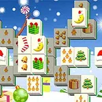Julinspirerat spel med brickor som har motiv av kakor, tomteluvor, julklappar, strumpor och klockor på en snöig bakgrund med snöflingor och juldekorationer