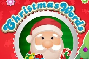 Tecknad julbild med jultomten, julklappar och en godiskäpp på röd bakgrund med texten Christmas Words