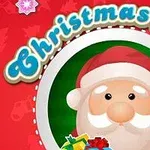 Tecknad julbild med jultomten, julklappar och en godiskäpp på röd bakgrund med texten Christmas Words