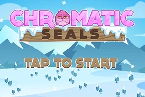 Tecknad vinterlandskap med snötäckta berg och texten Chromatic Seals, Tap to Start
