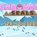 Tecknad vinterlandskap med snötäckta berg och texten Chromatic Seals, Tap to Start
