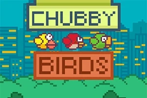 Tre pixlade fåglar i olika färger framför en stadssilhuett med texten Chubby Birds