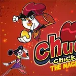 Tecknade figurer inklusive en kyckling med magiskt ägg och andra karaktärer på en röd bakgrund med texten Chuck Chicken The Magic Egg