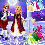 Prins och prinsessa i festkläder poserar på ett slott med bakgrund av upphängda klänningar och skor