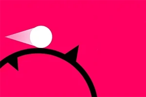 Vit cirkel med skugga på en svart halvcirkel med spetsar mot en rosa bakgrund