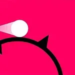 Vit cirkel med skugga på en svart halvcirkel med spetsar mot en rosa bakgrund