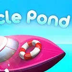 Rosa båt med livboj på blå bakgrund och texten Circle Pond