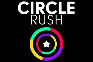 Texten CIRCLE RUSH ovanför färgglada cirklar med en stjärna i mitten mot en svart bakgrund