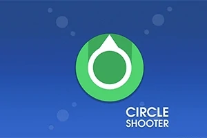 Grön cirkel med en vit pil inuti mot en blå bakgrund och texten Circle Shooter