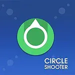 Grön cirkel med en vit pil inuti mot en blå bakgrund och texten Circle Shooter