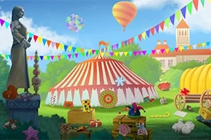 En färgglad festplats med ett randigt cirkustält, ballonger, en staty och vimplar i luften