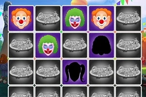 En rutnät med olika clownansikten och silhuetter, omgiven av en färgstark bakgrund med cirkustema