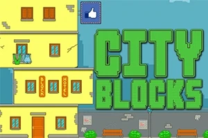 Gul byggnad med texten City Blocks i gröna blockbokstäver, samt en blå gilla-symbol i övre delen av bilden