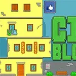 Gul byggnad med texten City Blocks i gröna blockbokstäver, samt en blå gilla-symbol i övre delen av bilden