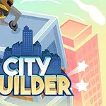 Tecknad bild av en byggkran som placerar en byggnad ovanpå en skyline med texten City Builder i förgrunden