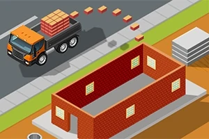 Illustration av en lastbil som levererar tegelstenar till en byggarbetsplats där en röd tegelbyggnad uppförs