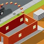 Illustration av en lastbil som levererar tegelstenar till en byggarbetsplats där en röd tegelbyggnad uppförs