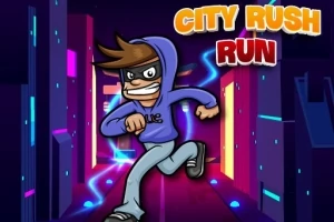 Tecknad karaktär med blå huvtröja och mask springer i en neonupplyst stadsmiljö, med texten City Rush Run ovanför