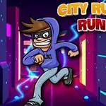 Tecknad karaktär med blå huvtröja och mask springer i en neonupplyst stadsmiljö, med texten City Rush Run ovanför