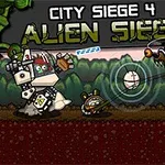 Robotar och utomjordiska varelser i en tecknad miljö med texten City Siege 4 Alien Siege högst upp