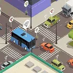Isometrisk illustration av en stadskorsning med olika fordon som bilar, buss och lastbil, samt träd och övergångsställen, med digitala symboler ovanför fordonen