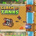 Tecknad stridszon med stridsvagnar på en bro över en flod, med explosioner i bakgrunden och texten Clash of Tanks i det övre vänstra hörnet