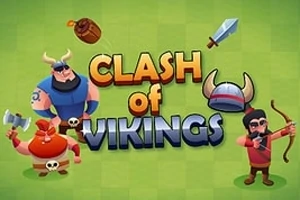 Tecknade vikingar med hjälmar, yxor och båge står kring texten Clash of Vikings på en grön bakgrund