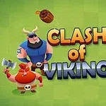 Tecknade vikingar med hjälmar, yxor och båge står kring texten Clash of Vikings på en grön bakgrund