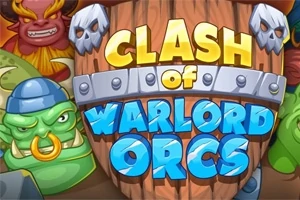 Tecknad bild med texten Clash of Warlord Orcs, omgiven av färgglada, animerade orcher och en bakgrund av träsköldar med dödskalledekorationer