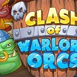 Tecknad bild med texten Clash of Warlord Orcs, omgiven av färgglada, animerade orcher och en bakgrund av träsköldar med dödskalledekorationer