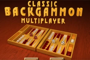 Brädspel med färgglada spelbrickor och tärningar på ett trädäck, med texten Classic Backgammon Multiplayer ovanför