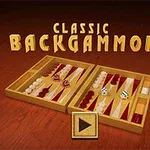 Ett brädspel med tärningar och spelpjäser på ett öppet träbräde med texten Classic Backgammon ovanför samt en spelknapp nedanför
