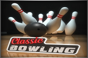 En svart bowlingklot slår ner vita bowlingkäglor med röda ränder med texten Classic Bowling i förgrunden