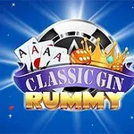 Tre ess spelkort ovanför en kungakrona med texten Classic Gin Rummy mot en blå bakgrund med ljusstrålar