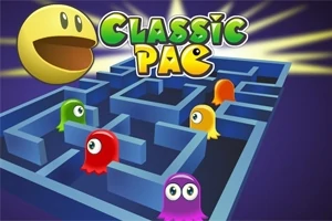 En gul figur med öppen mun ovanför en blå labyrint med färgglada spöken och texten Classic Pac i bakgrunden