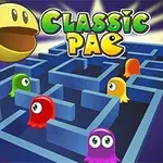 En gul figur med öppen mun ovanför en blå labyrint med färgglada spöken och texten Classic Pac i bakgrunden