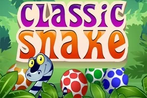 Tecknad ormliknande karaktär med randig kropp omgiven av prickiga ägg och grönska, med texten classic snake ovanför