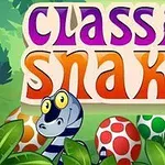 Tecknad ormliknande karaktär med randig kropp omgiven av prickiga ägg och grönska, med texten classic snake ovanför