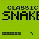 Grön pixelerad bakgrund med texten CLASSIC SNAKE och en enkel ormliknande form