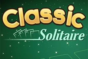 Texten Classic Solitaire i gult och vitt med gröna spelkort och stjärnmönster i bakgrunden