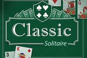 Texten Classic Solitaire i vita bokstäver mot en grön bakgrund med fyra kortsymboler och en rad spelkort